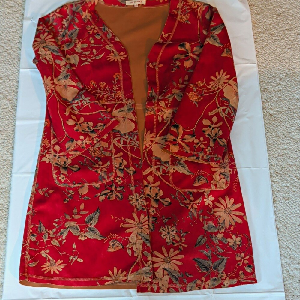 Solitaire Faux Suede Floral Duster/ Kimono Red Orange Boho Open Front Womens S